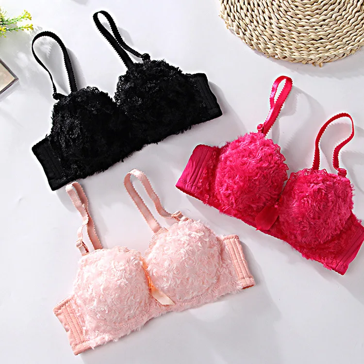 
Sexy Rose Plush Girl No Steel Ring Bow Tie Lace Bra Panty Set Woman Underwear 
