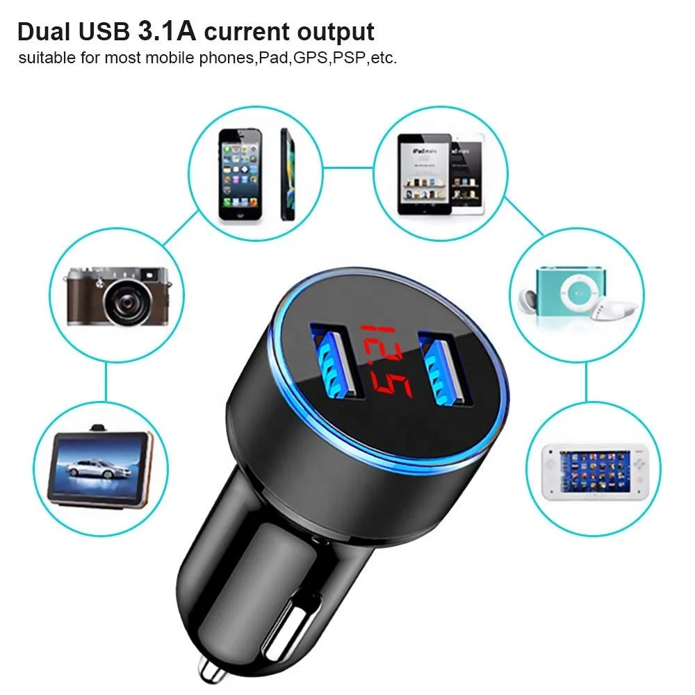 
High Quality Car Phone Charger 5V 2.4A Dual USB Port LED Display Quick Car Charger 