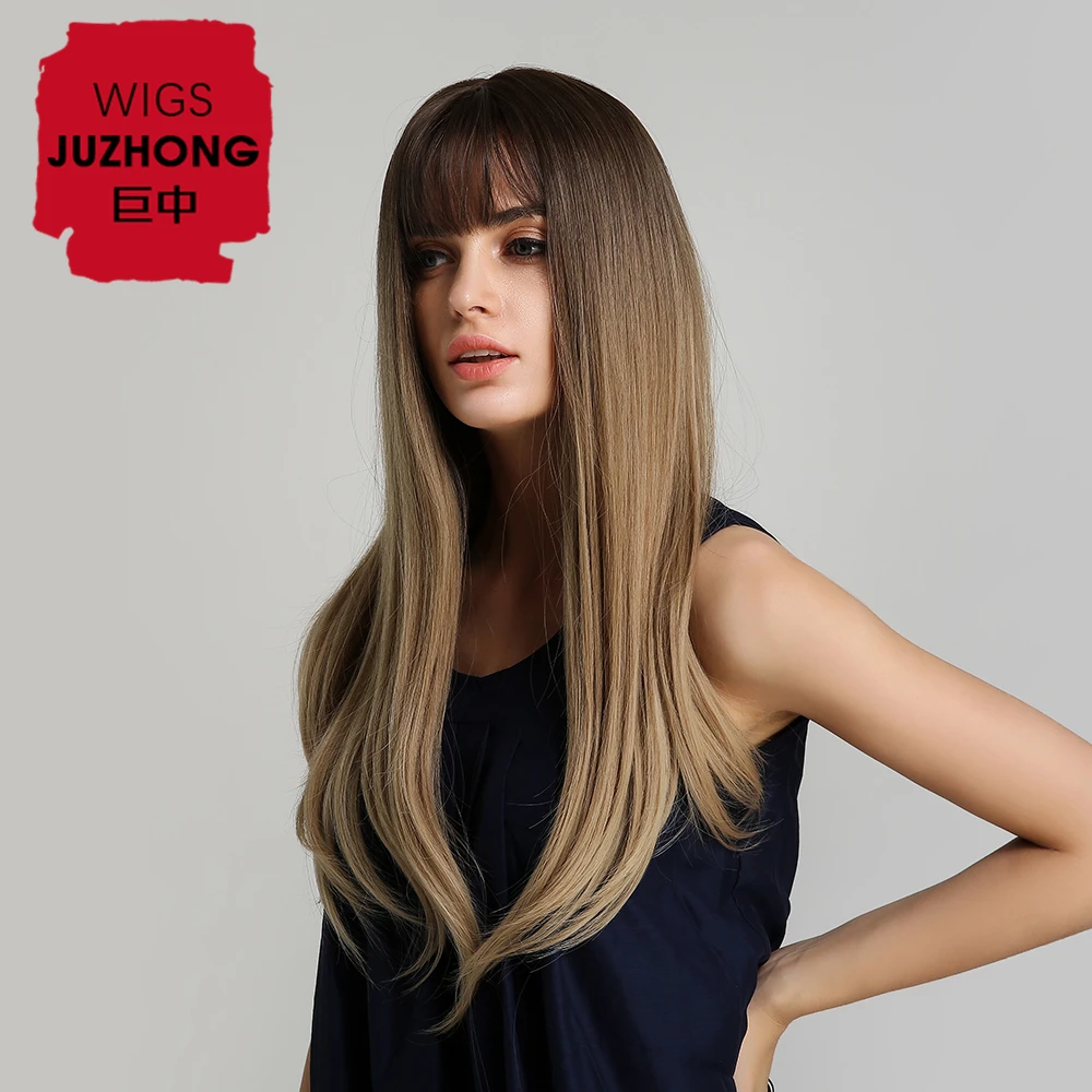 Женский синтетический парик Haircube, длинные прямые волосы с челкой, с эффектом омбре, с натуральным ворсом головы, 22 дюйма