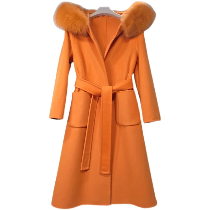 Winter Fur Minimum Order Customized Quantity Solid Cashmere Wool Fox Fur Coat For Women