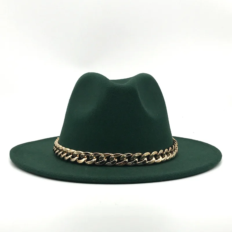 Оптовая продажа зимняя фетровая шляпа Fedora Jazz модная 2024 с золотой цепочкой фиолетовая Панама широкими полями