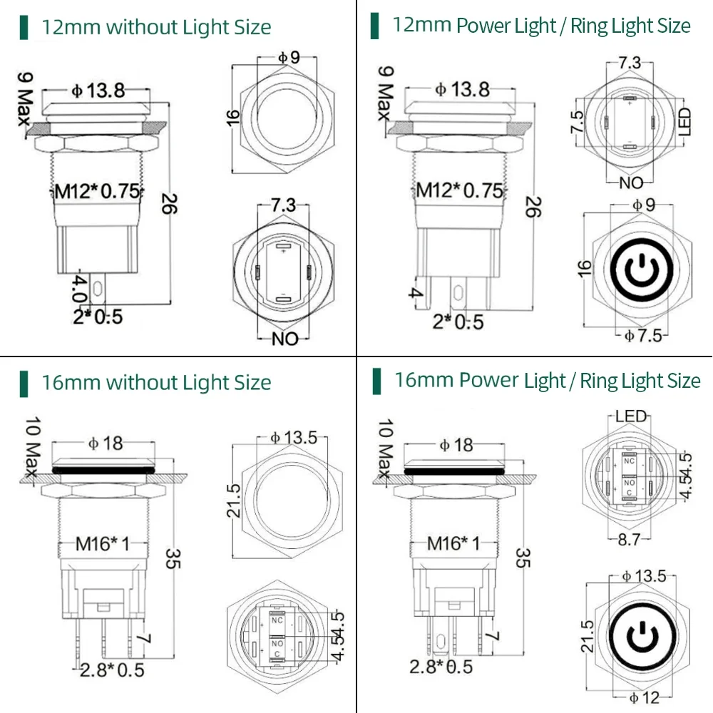 Hot selling 12/16mm Waterproof LED Light Momentary Latching Power Switch Metal Push Button Switch for Mechanical Equipment
