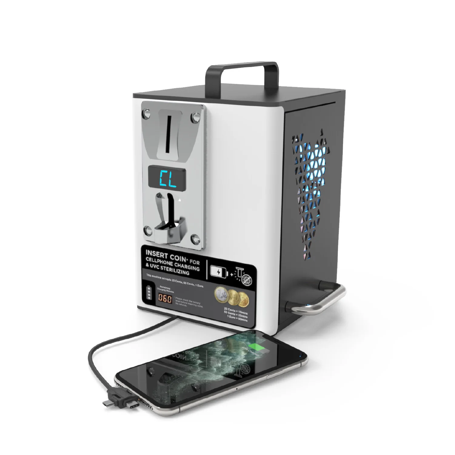YOO PLUS Coin Operated Desktop Mobile Clean &Charge Station with UV-C bulb and industrial braided charging cables for Restaurant