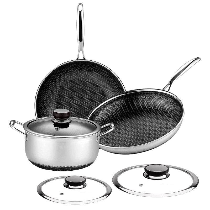 6 Pieces Stainless Steel Cookware Set Kitchen Honeycomb Oven Safe Frying Pans Non-stick Stock Pot with Glass Lid