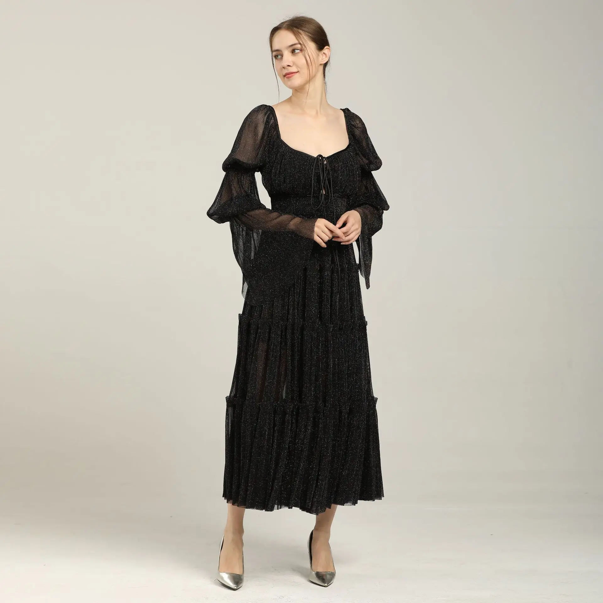 Wholesale 2023 European and American Summer New Dress Sexy Temperament Bunched Pleated Chiffon Slim Fairy Dress