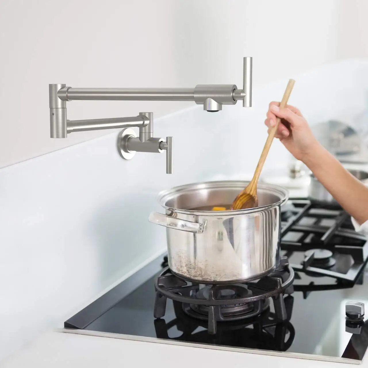 Brushed Nickel Wall Mounted Kitchen Tap Brass Foldable Pot Filter 2 Handle Cold Water Kitchen Faucet Mixer Commercial