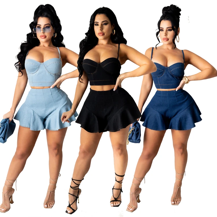 
2021 Hot Sexy Female Denim 2 Piece Set Strap Tops Pantskirt Summer Women Two Piece Outfits 