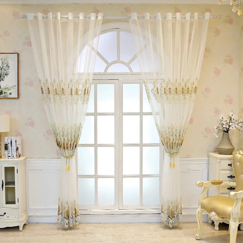 Luxury Flower Pattern Embroidered Semi Sheer Bedroom Rod Pocket Gradient Window Tulle drapes Panels Voile Curtain