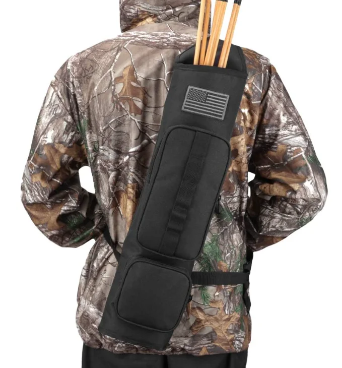 Back Arrow Quiver Archery Field Quiver Shoulder Hanged Carry Hunting Target Arrow Quiver Bag with 2 Pockets (Black)