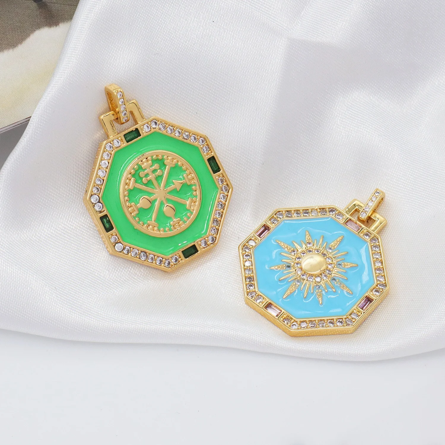 Wholesale Miss Jewelry Fashion Enamel Blue Green Octagonal Gold Sun charms Pendant Custom CZ Gold Plated Sun Pendants