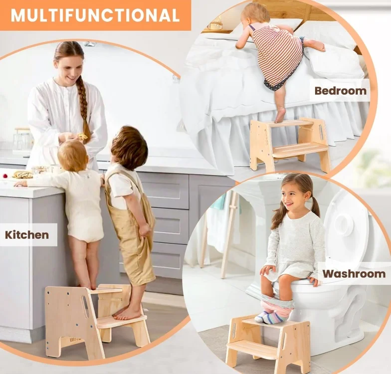 plywood Wooden Height-Adjustable 2-Step Stool for Kids, Potty Training Stool with Handles for Bathroom Sink