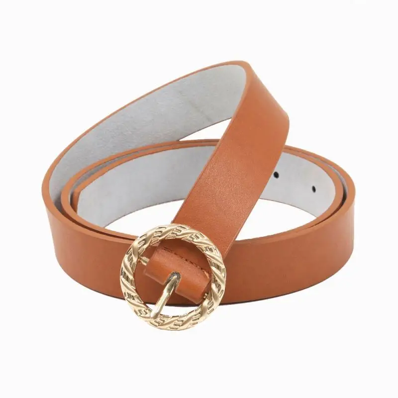 Alfa Casual Genuine Leather Belts Black Leather Belt With Round Gold Buckle For Ladies Waist Dress