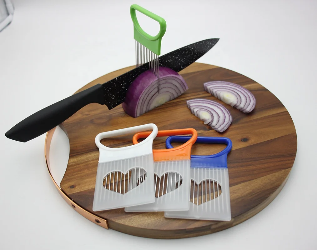 Smart Kitchen Gadgets Stainless Steel Kitchen Slicer Grip Plastic Handle Onion Cutter Fork Holder For Slicing