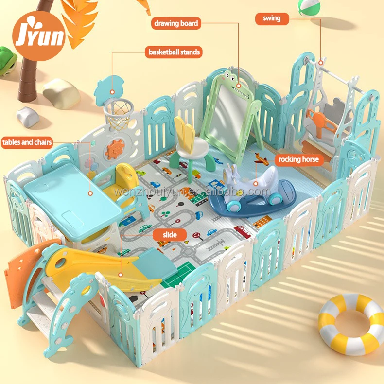 JYUN European standard toddler fence plastic kids playyard with swing and basketball hoop new folding baby playpen