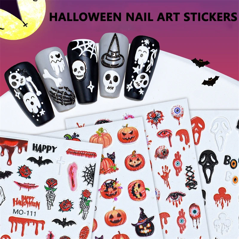 2024 New Halloween Nail Art Relief Stickers Skull Pumpkin Ghost 3D Nail Stickers Demon Theme Nail Art Stickers