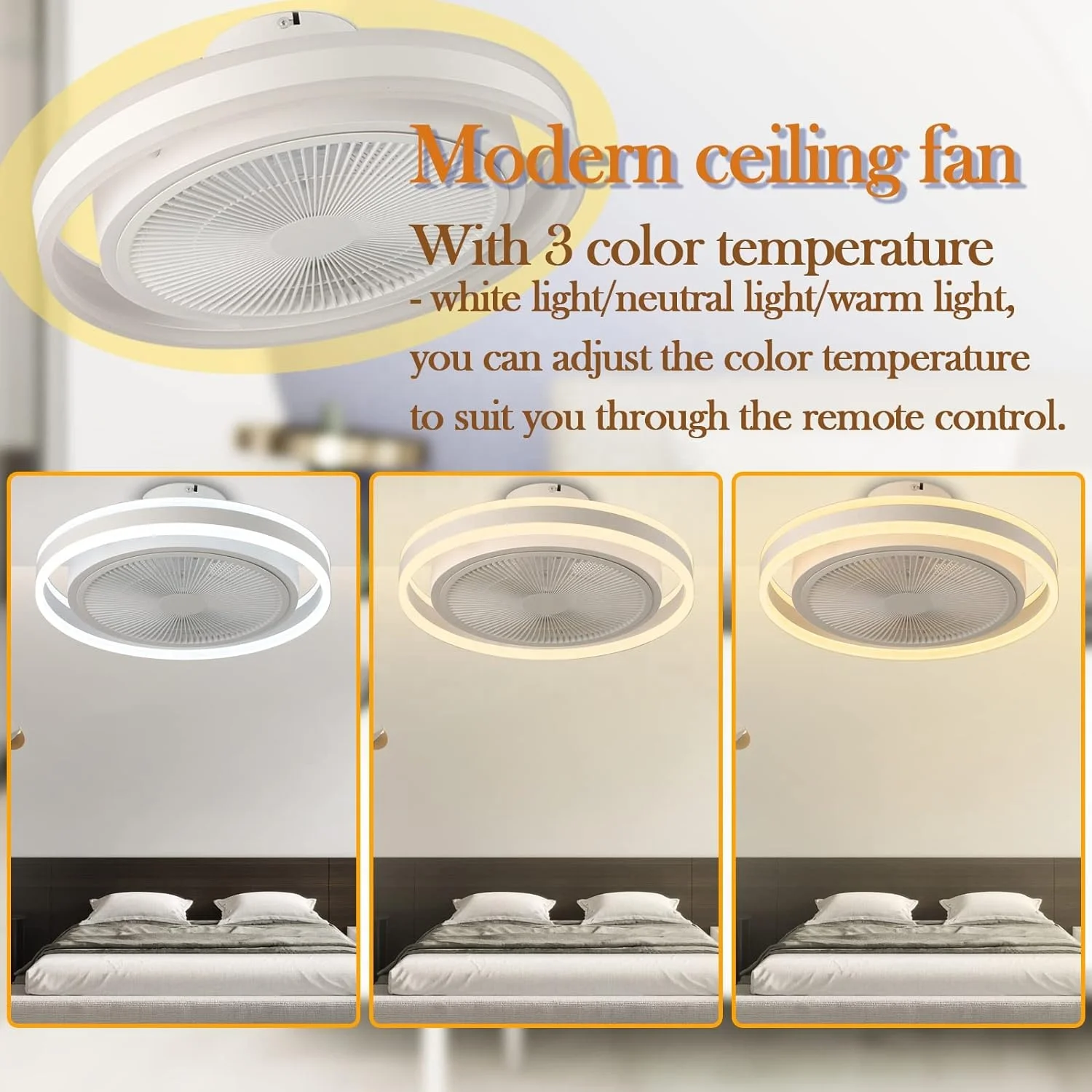 New Design Modern Ceiling Fans with Lights Remote Control,Bladeless Low Profile Enclosed LED 3 Colors Dimming 3 Speed Fan Light
