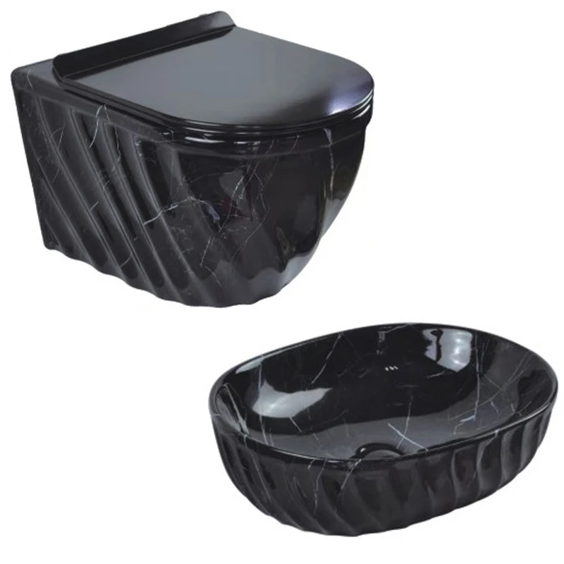 Modern Marble Sanitary Ware Luxury Wall Hung Basin Porcelain One Piece Wc Black Gold Ceramic Bathroom Wc Toilet Set