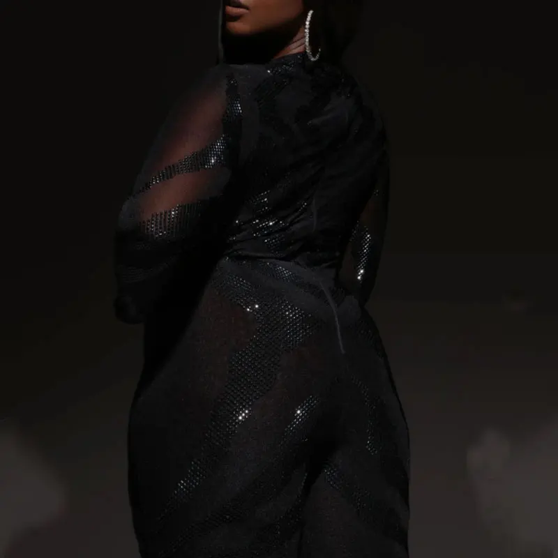 Custom Designer Knit One Piece Bodycon Rhinestone Bling Club  Elegant Woman Jumpsuits And Rompers Mesh Long Sleeve Bodysuits