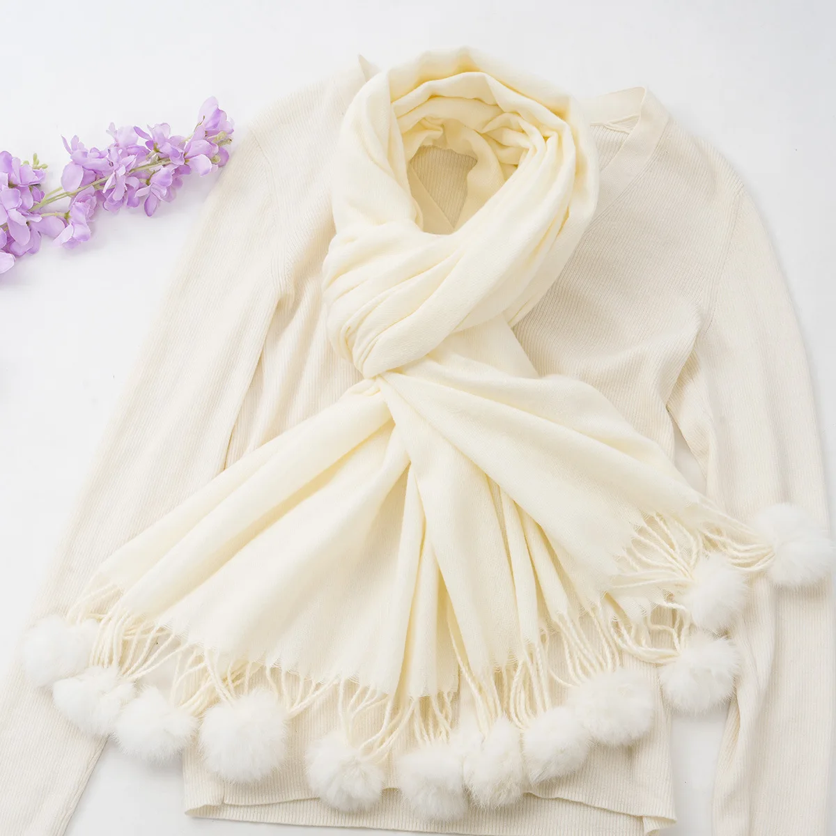 Custom Women Shawl Winter Thick Warm Wraps and Capes With Fur Ball Pom Pom Female Imitation Cashmere Pashmina Scarves