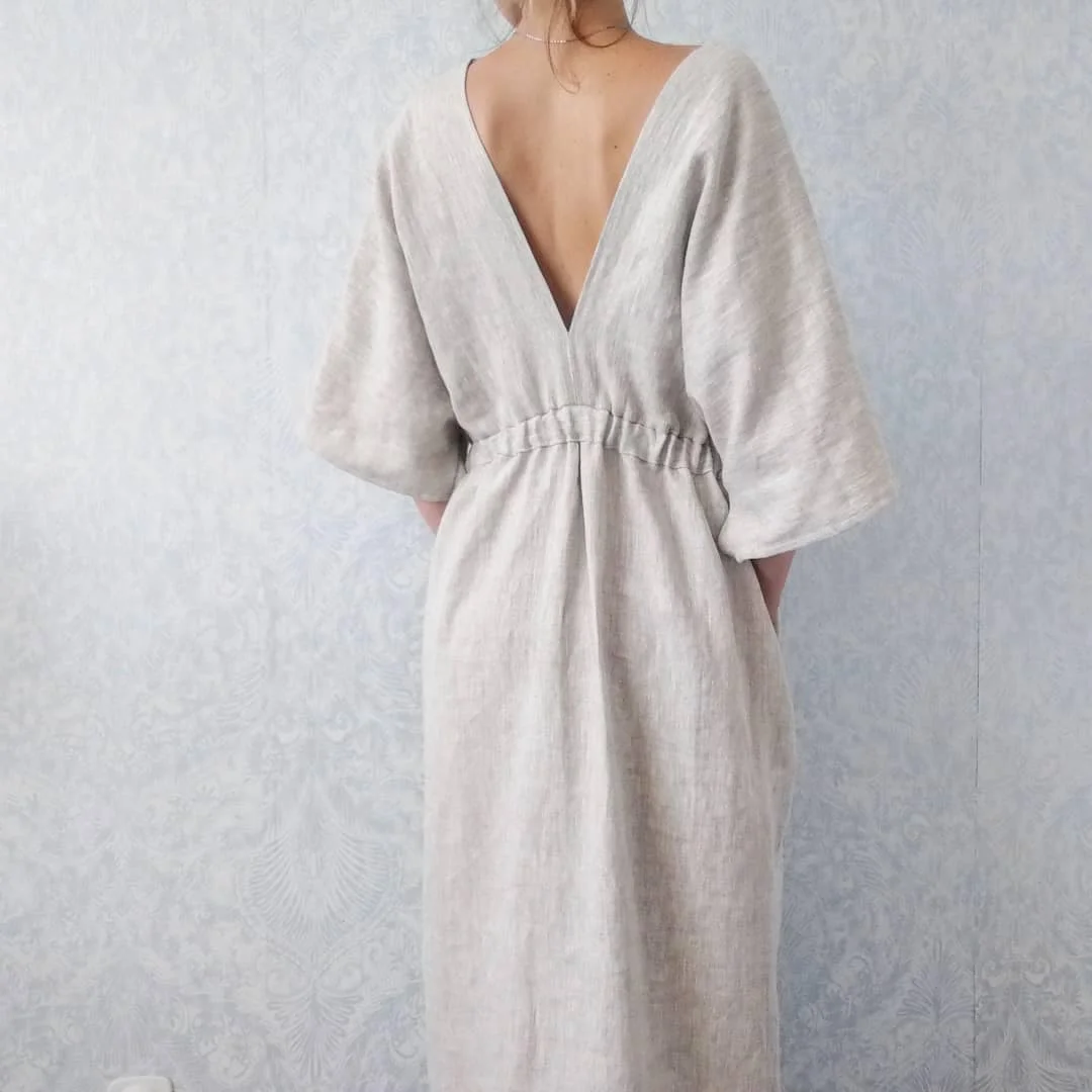 New Design midi dress with pockets 100% linen trendy loose deep v neck oatmeal 3/4 sleeve elastic waist ladies midi casual dress