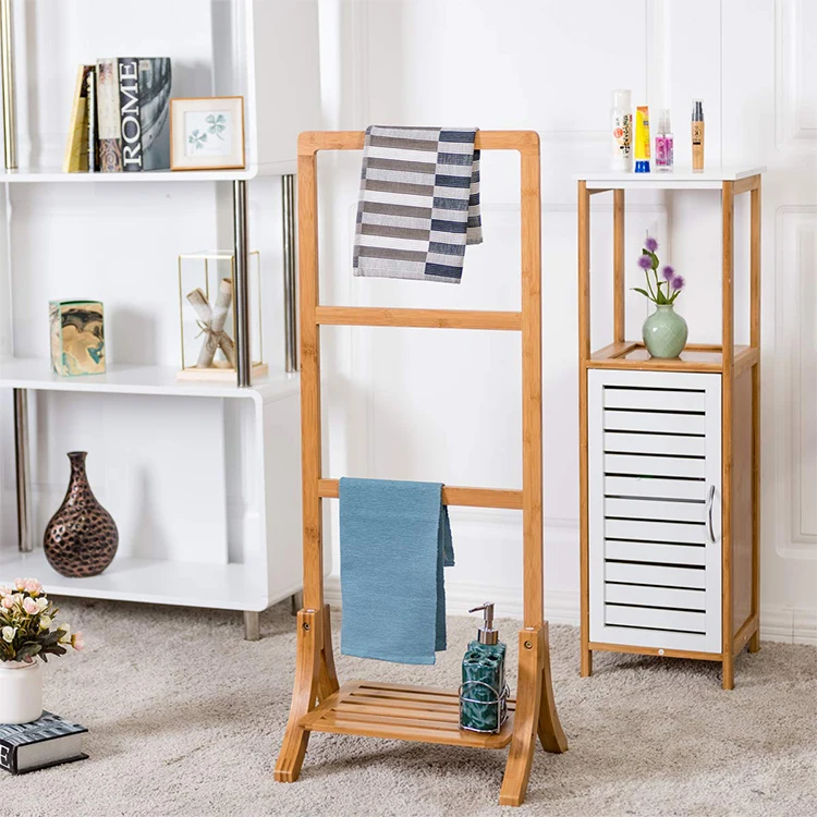 3 Tier Towel Rack Vertical Clothes Rack Freestanding with Bottom Shelf Bathroom Storage Bamboo