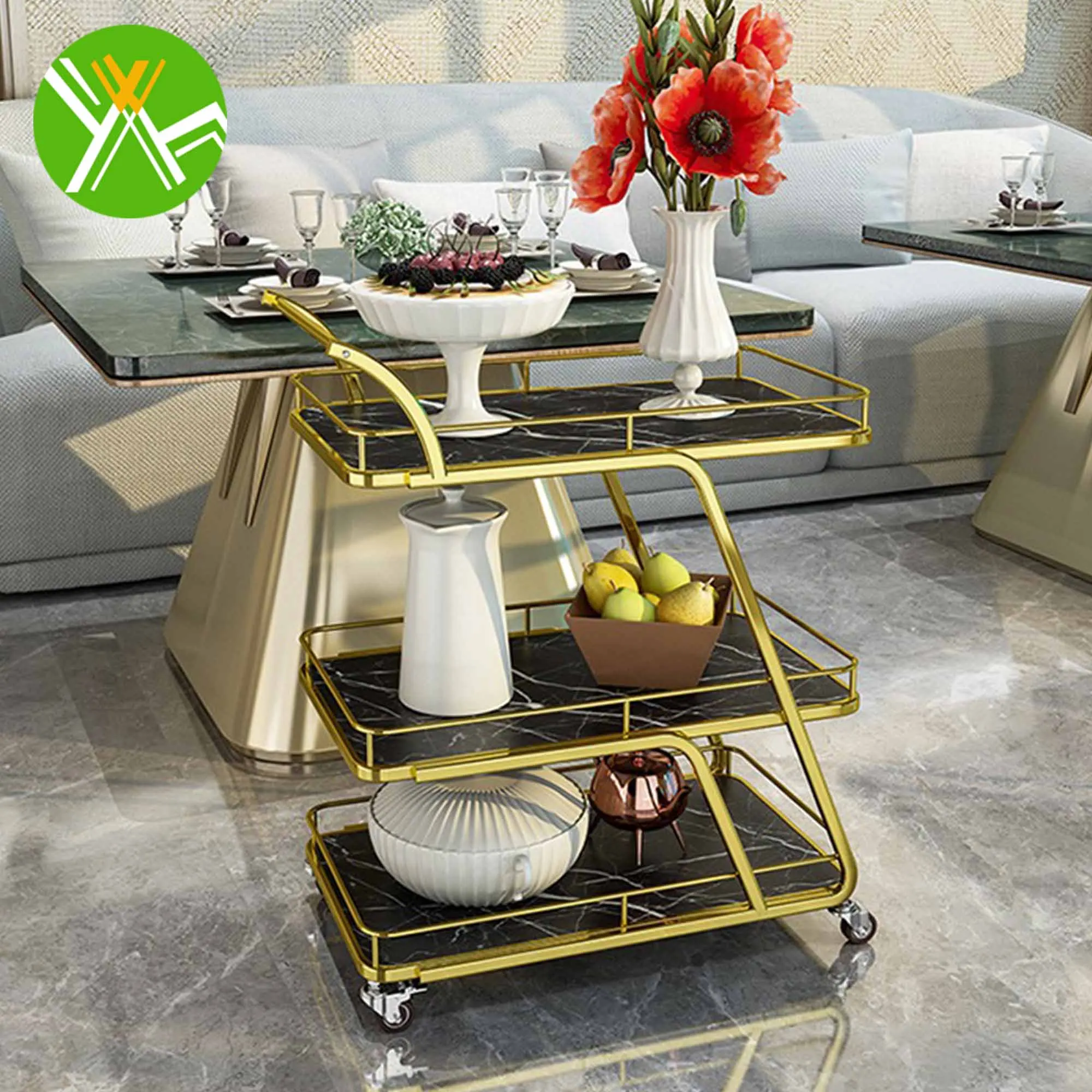 Yuhai Modern Portable 3 Tier Storage Metal Hotel Trolley Bar Cart Trolley Gold Wiggle Cart