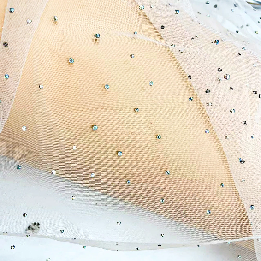 The Popular Bridal Lace Fabric Beaded Rhinestone Crystal Beaded Tulle Lace Fabric Luxury For Wedding Dress