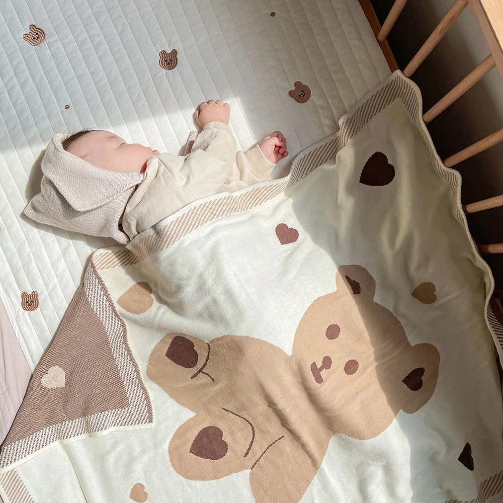 2023Hot Sale Wholesale Price Baby Blanket 100% Cotton Solid Color Newborn Baby Animal  Knitted Bear Blanket Super Soft