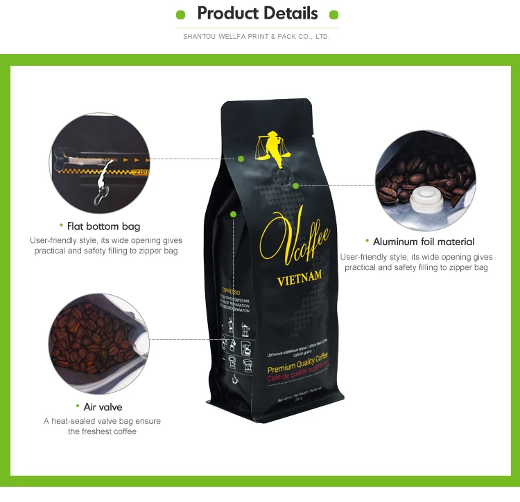 Block Bottom Coffee Bag Packaging With Air Valve & Pocket Zipper