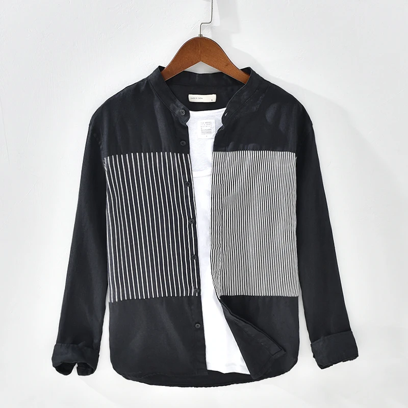 China Stand Collar Casual Linen Cotton Long Sleeve Men Shirts With Button