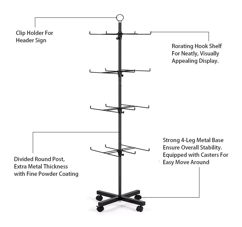 Retail Shops Floor Standing Metal Wire Hooks Rack Rotating Display Stand For Candy Snack Jewelry
