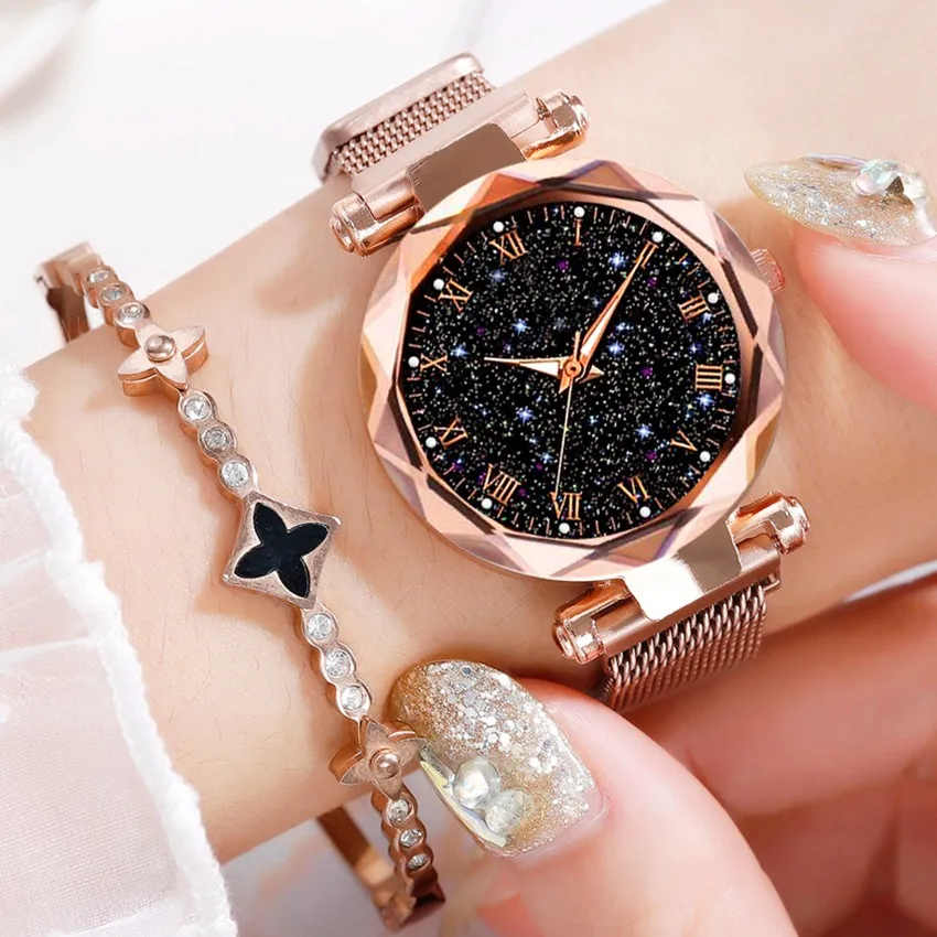 
Luxury Mesh Ladies Clock Magnet Buckle Starry Diamond Geometric Surface Casual Dress Quartz Wristwatch Women Watches Rose Watch 