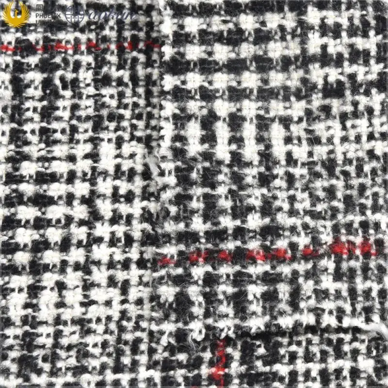 No Moq Black White Red Grid Jacquard Fabric Plaids Polyester Wool Acrylic Breathable Tops Woven Tweed Fabric