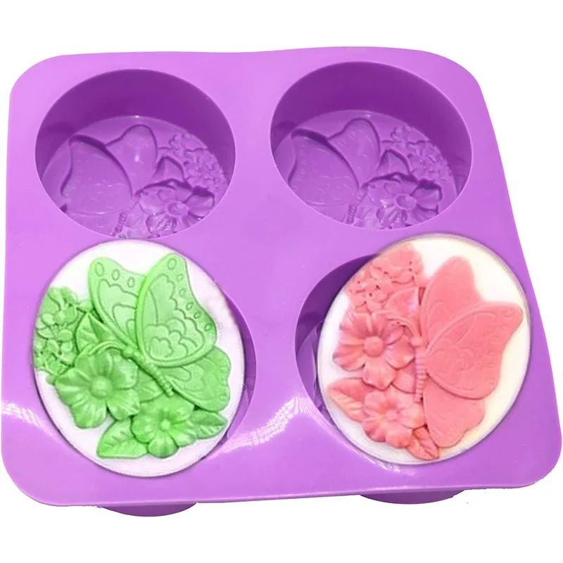 4 Cavities Oval Butterfly Flower Silicone Soap Mold