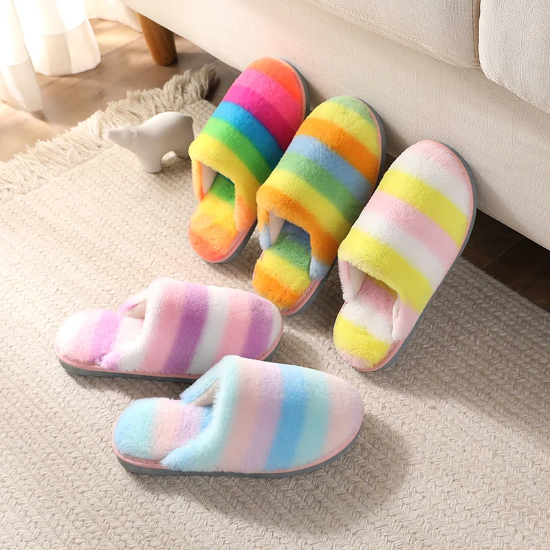 Fashion new cute mixed colorful children rabbit fur plash child home bedroom children slippers