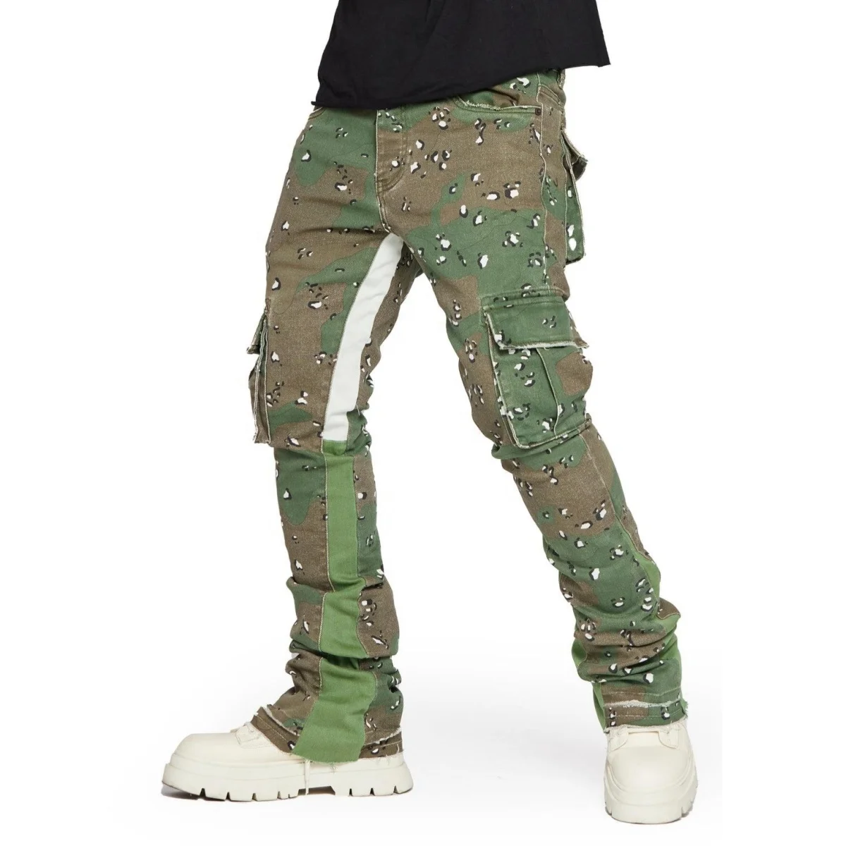 High Quality manufacturers OEM&ODM streetwear designer all over print camo denim pants custom pockets work baggy stacked jeans