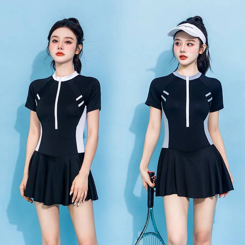 Hot fashion student swimsuit bodysuit surf suit sports one-piece swimsuit with short skirt