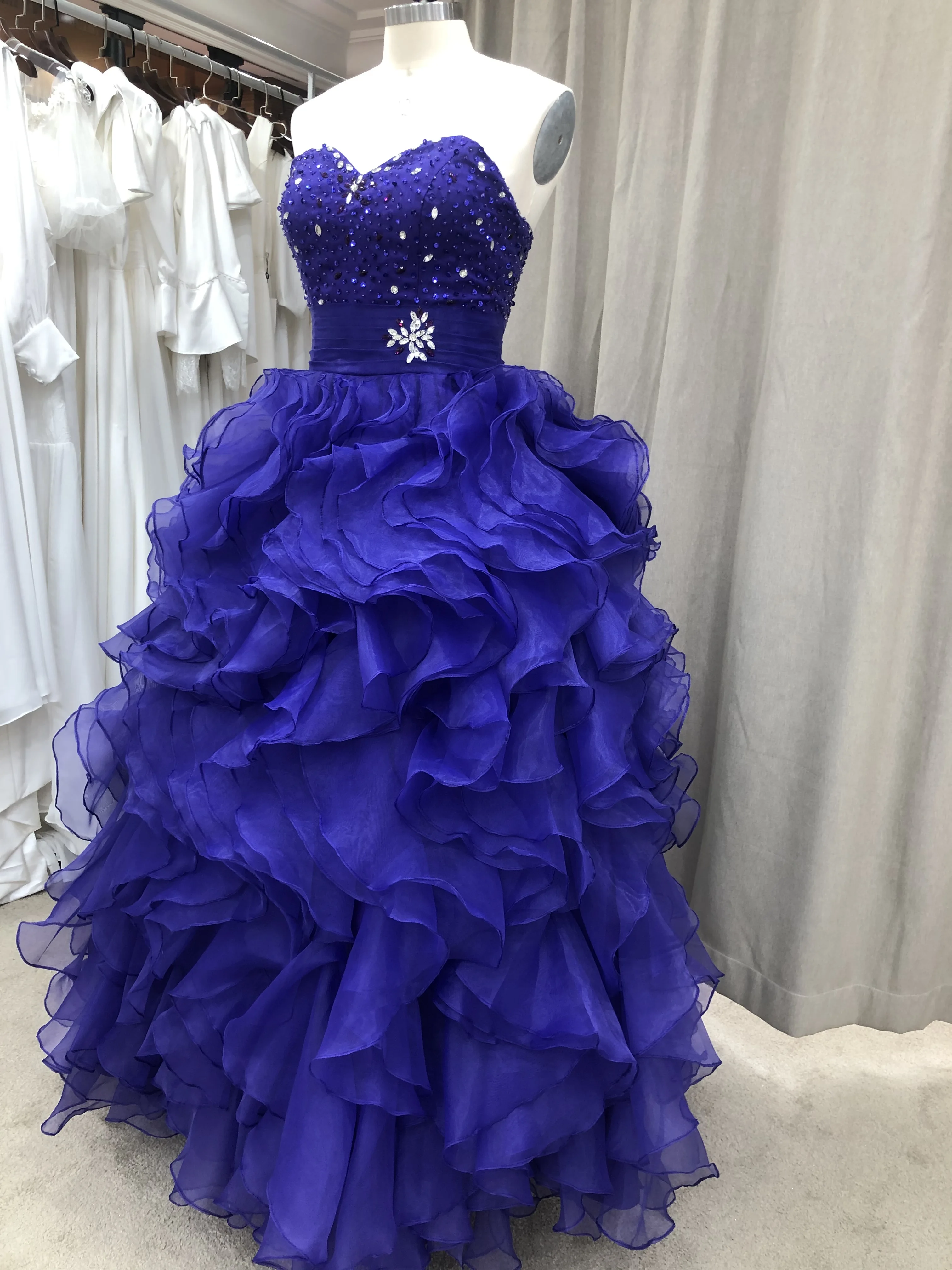 #6727 Sweetheart Sequins Layered Royal Blue Strapless Ball Gown Quinceanera Dresses Evening Dress Masquerade Ball Gown