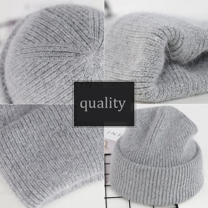 New 14 Colors Unisex Solid Color Real Rabbit Fur Beanies Winter Hat For Woman Knit Bonnet Acrylic Woman Autumn Warm Skullies