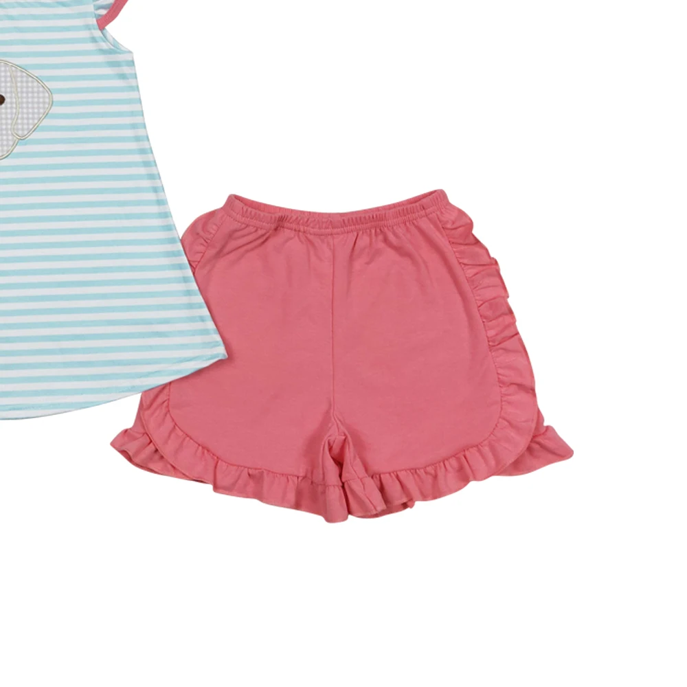 Girls clothes aqua stripe flutter sleeves embroidery dog tunic peach ruffle short wholesale girls clothe boutique suit low price