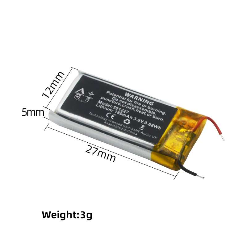 2022 AUG Customized Lipo Battery 3.8V 180mAh 501227 Lithium Polymer Battery for Consumer Electronics GPS Tracker
