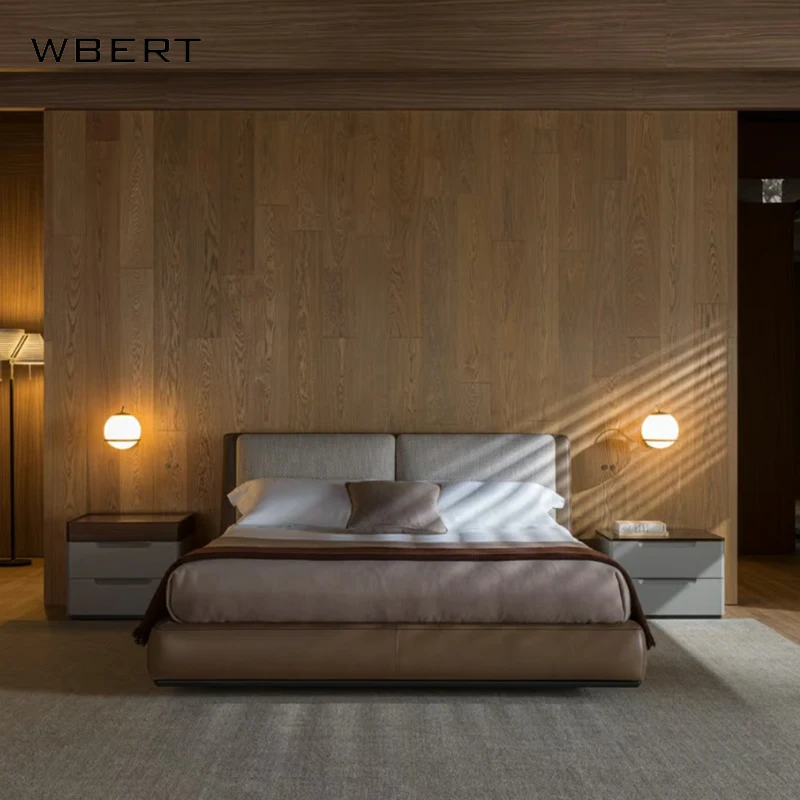 WBERT Italian 1.8m Modern Double Bed Minimal Leather & Solid Wood Frame with Metal & Fabric Soft Upholstered Bed