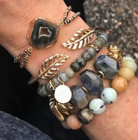 Silver Dusk Map Stone Jasper & Pink Zebra Jasper Leather Stacking Bracelet Set Best  Women Jewelry Perfect Birthday Gift