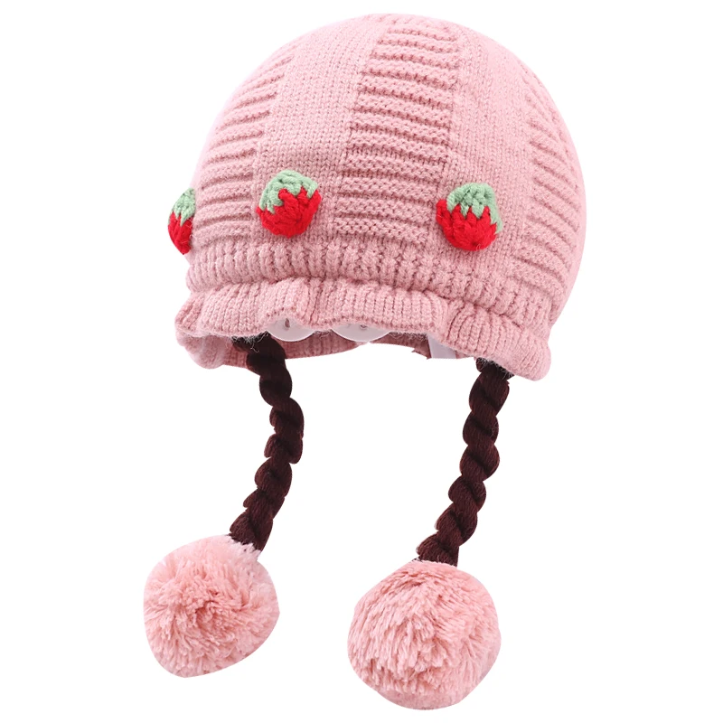 Baby girl hat autumn and winter strawberry super cute braid wig fruit hat big pompon baby knitted hat