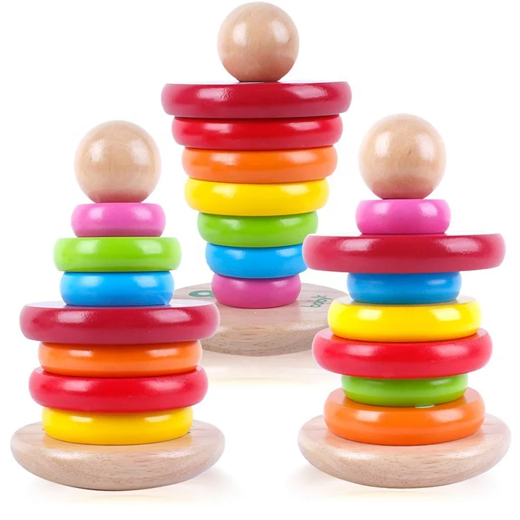 Educational Wooden Intelligent  Rainbow Nesting Wooden Blocks Stacker Rings Hanoi of tower Montessori New Toys For Kids