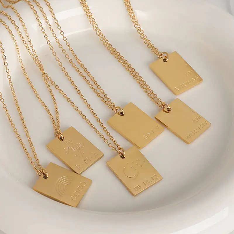 18K Gold Plated Stainless Steel Minimalist Jewelry Inspired Friendship Memorial Love Letter Rectangle Square Pendant Necklace