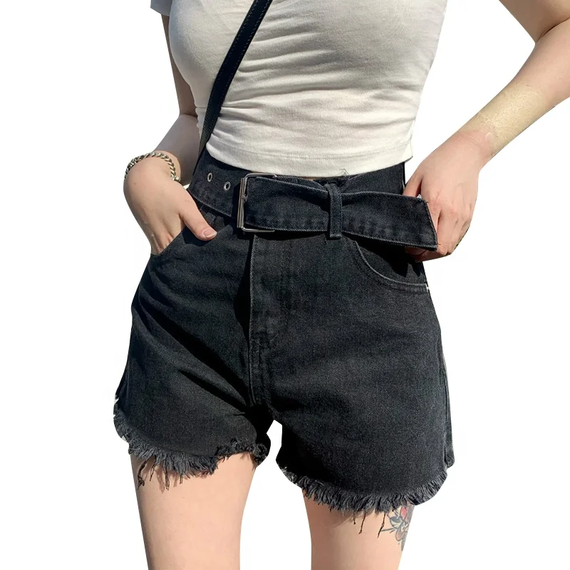 
CHICEVER Tassel Denim Short With Belt High Waist Minimalist Shorts Females Summer Stylish 