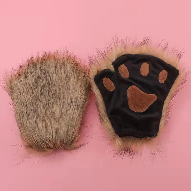 Cosplay Fingerless Furry Partial Paws Fluffy Claw Plush Half Finger Lion Bear Props for Kids Adults