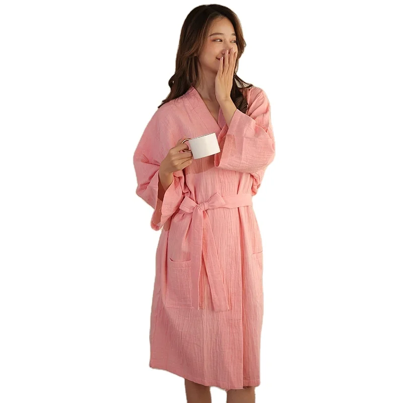 High quality Long Sleeve Nightgown V-neck Spring Summer Bathrobe Knitted Cotton Bathrobe Pajamas