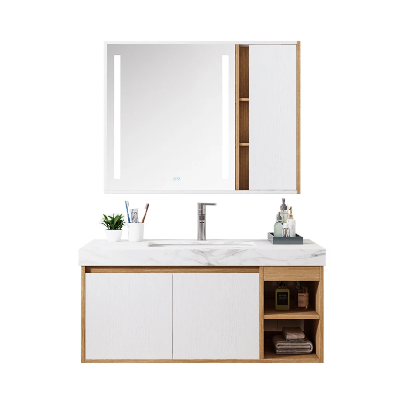 2021 New Design Led Mirror Wall Hung Wooden Bathroom Vanity with Slate Countertop